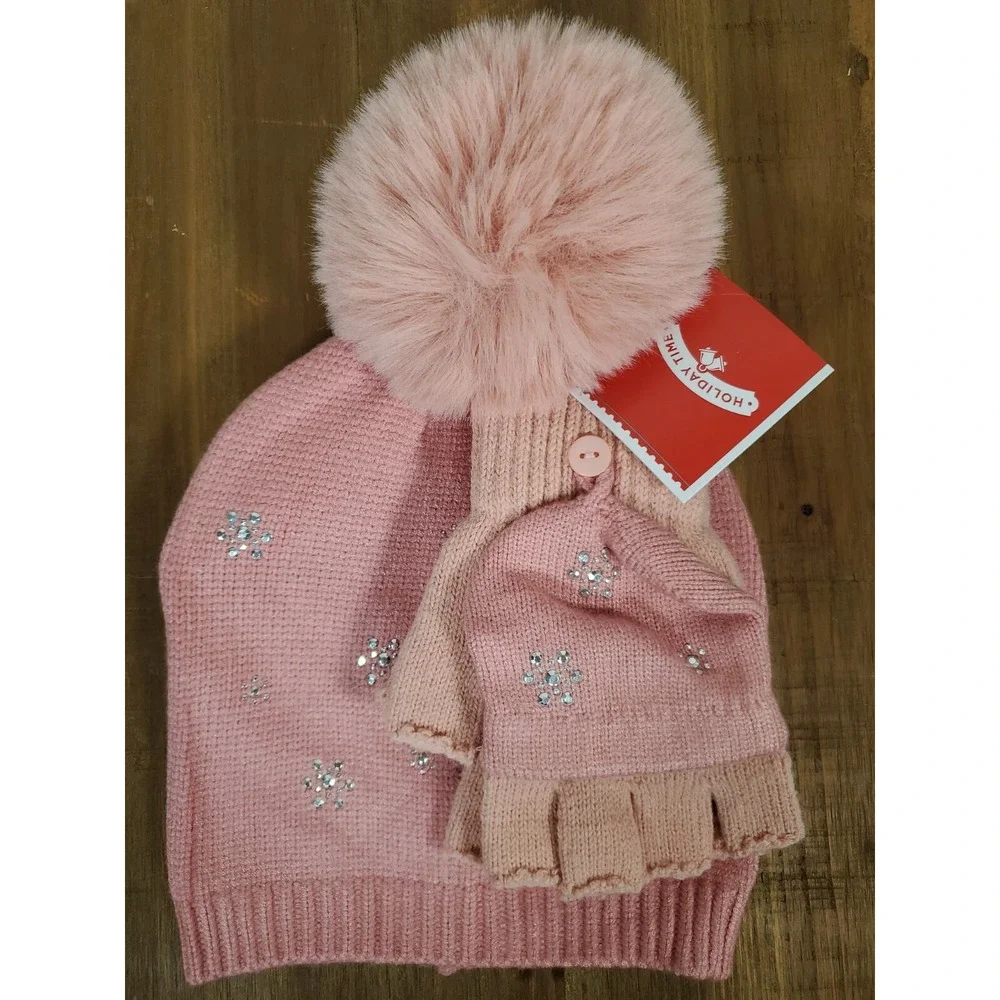 Rhinestone Snowflakes Hat & Gloves Set - Rose Open Finger Texting Women's NEW